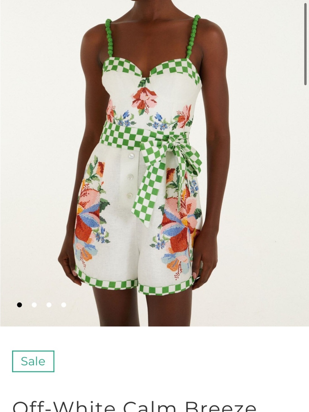 Off-White White Floral Checkerboard Romper with Green Trim